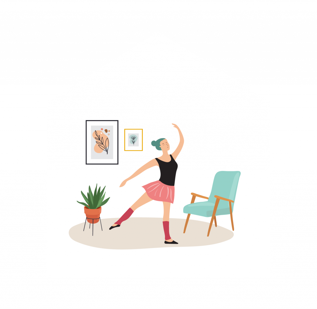 Girl dancing on the middle in the middle of the living room, an armchair and plant in the background and a few plant frames on the wall