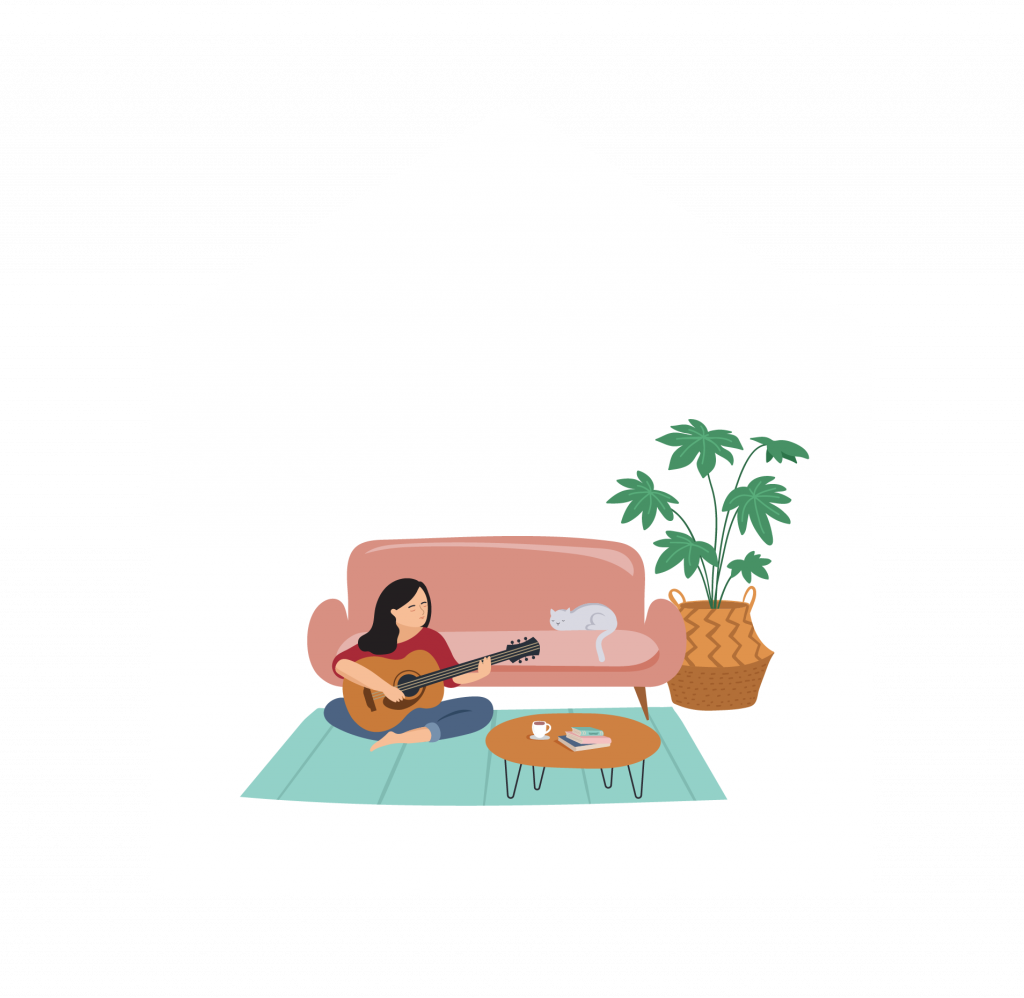 Illustration of a girl playing a guitar on the floor with a cat sitting on the couch, a plant on the side and a coffee table with coffee and some books in the centre