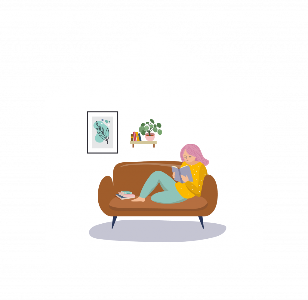 Illustration of a Girl reading a book on a couch with a house outline